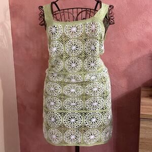 Green and white crochet mini dress